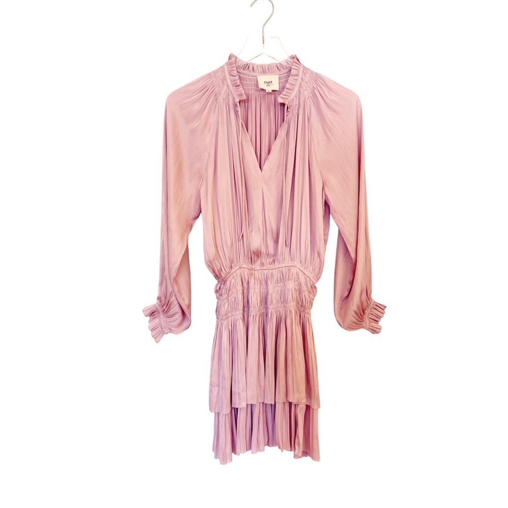 Reset by Jane Pink Satin Jamie Ruffle Mini Dress with Smocked Waist Small - Picture 11 of 11